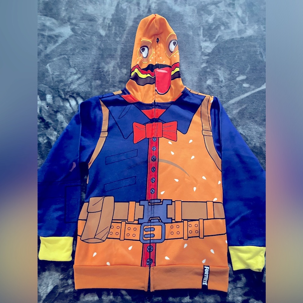 I’m selling a Fortnite Kids zipper down hoodie Sz M orange/Blue
